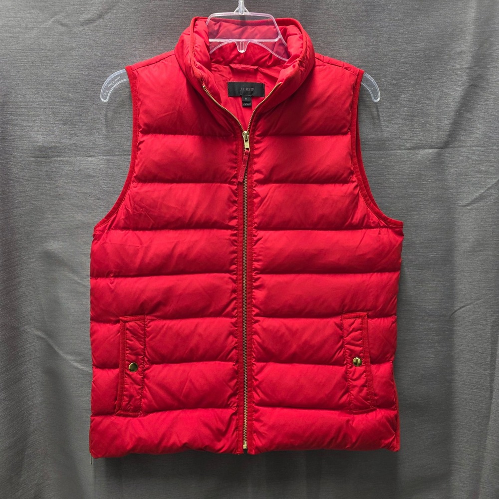 J.Crew Womens Red Quilted Puffer Vest Gold Zip Size M Sleeveless Outerwear